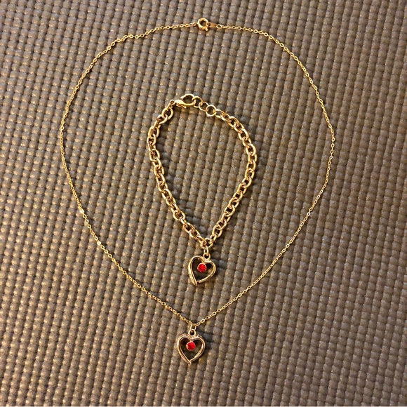 Vintage Jewelry - Vintage ‘90s Gold Tone July Birthstone Heart Pendant Necklace and Bracelet Set